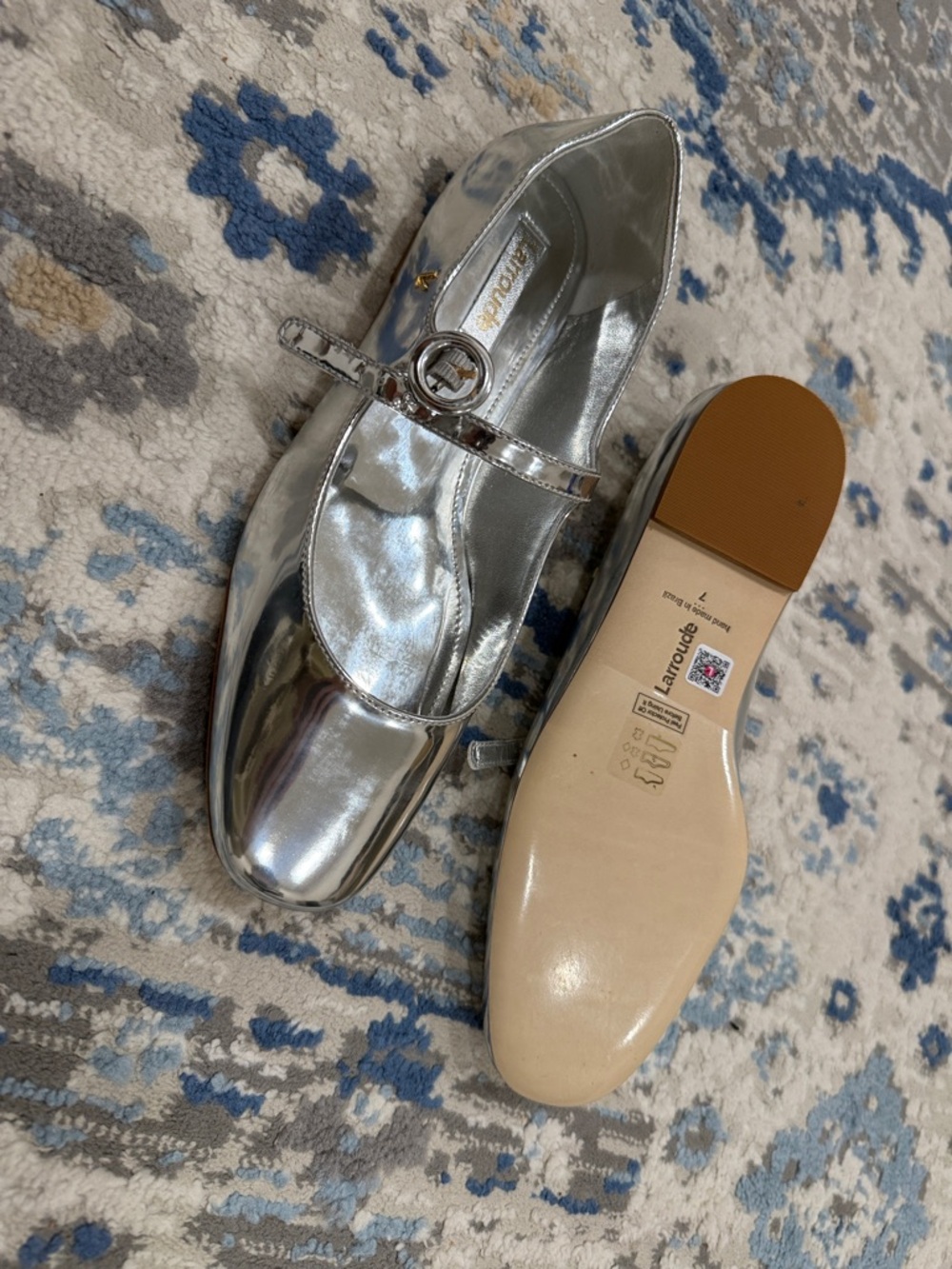 Larroude Metallic Silver Ballet Flats with Buckle - Picture 2 of 3